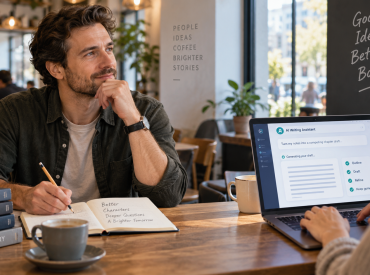 Author writing ideas by hand while another writer uses an AI writing assistant on a laptop