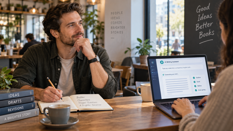 Author writing ideas by hand while another writer uses an AI writing assistant on a laptop